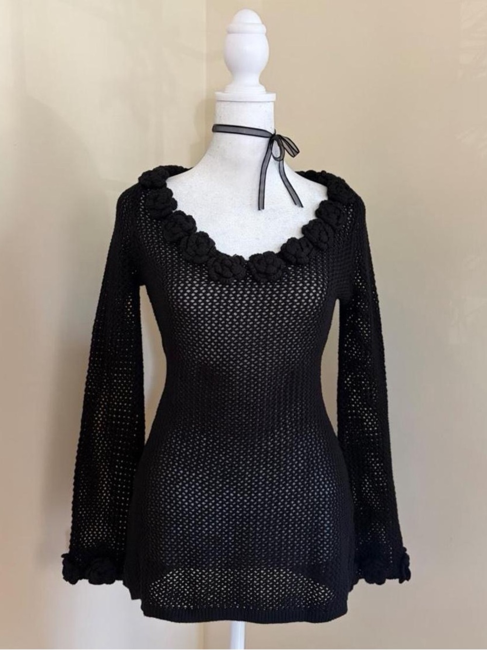 NWT Hello Molly $140 black crochet floral rose knit long sleeve top mini dress S